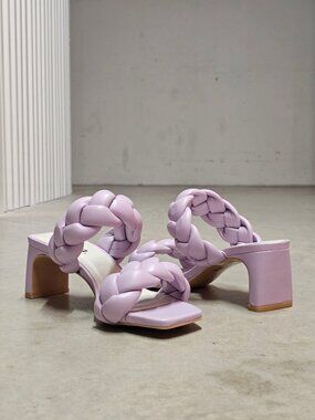 Braided Strap Lilac Block Heel Sandals For Women Square Toe Design With Faux Lea